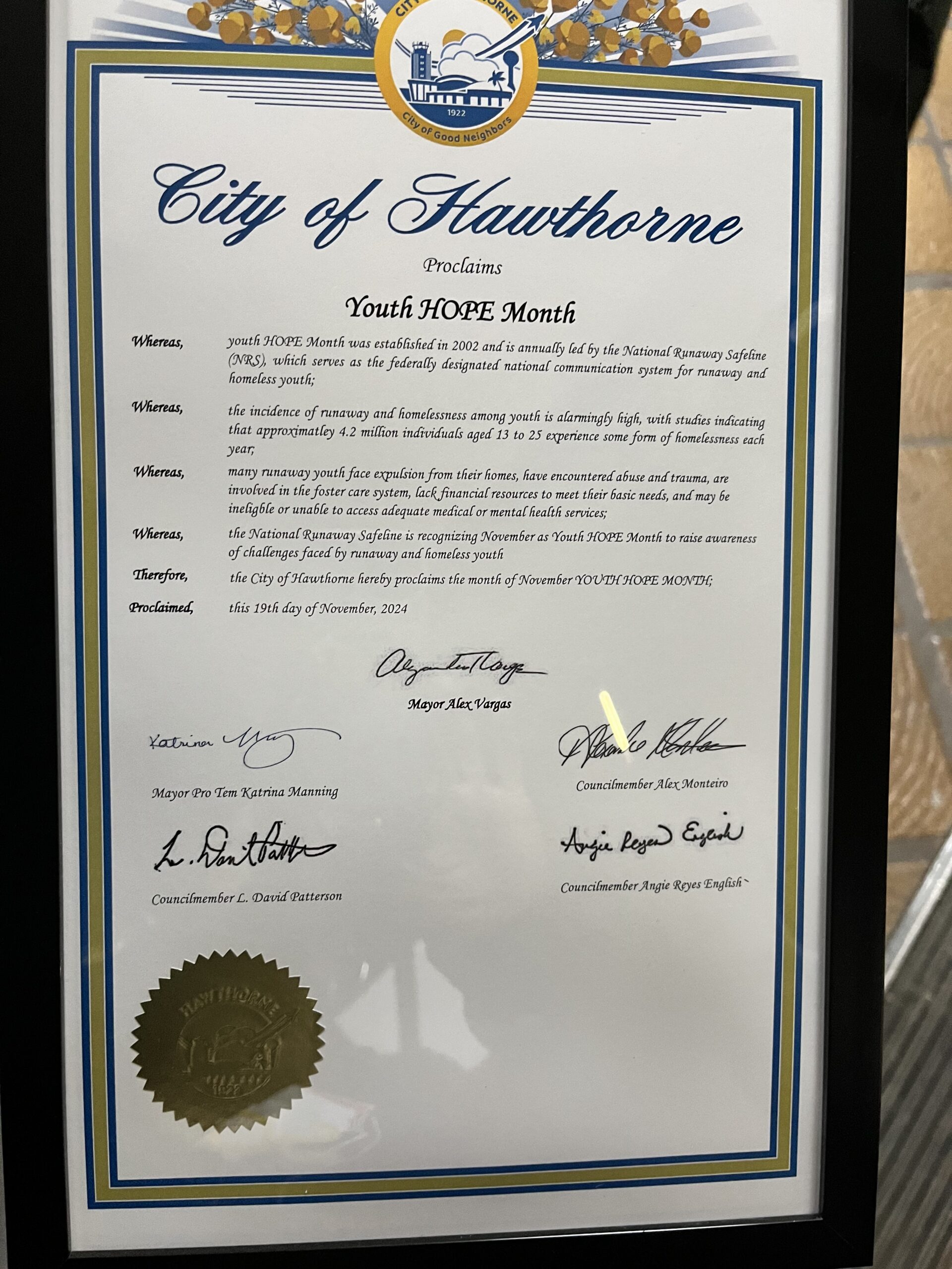 Sanctuary of Hope Celebrates Youth Hope Month with City of Hawthorne Proclamation